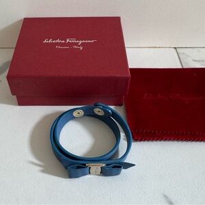 Salvatore Ferragamo Blue Leather Wrap Bracelet